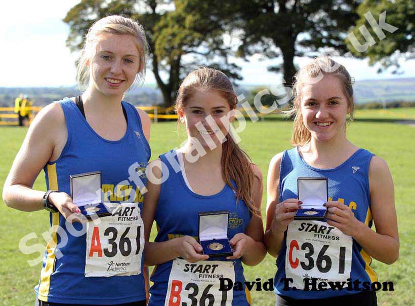 Under-17s girls winners Birtley AC from left to right: Sophie Forster, Anna Fawcett and Lydia Turner,  Northern Cross Country Relay, Graves Park, Sheffield.